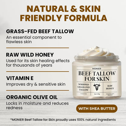 MONIER Whipped Beef Tallow for Skin, Tallow and Honey Balm for Face, Moisturizer with 100% Organic Grass-Fed Beef Tallow &amp; Raw Wild Honey - Natural Formula for Dry &amp; Sensitive Skin (Unscented)