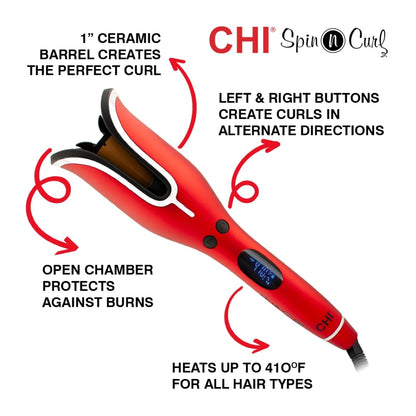CHI Spin N Curl, Curling Iron for Healthy &amp; Shiny Effortless Curls &amp; Waves, Provides Preset Temperature Settings for Each Hair Texture, Ruby Red