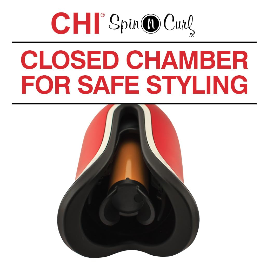 CHI Spin N Curl, Curling Iron for Healthy &amp; Shiny Effortless Curls &amp; Waves, Provides Preset Temperature Settings for Each Hair Texture, Ruby Red