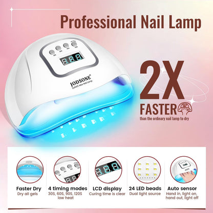 JODSONE Gel Nail Polish Kit with U V Light 32 Colors Gel Polish Nail + 4 Functional Adhesive Bottles Kit Soak off Manicure Tools Gifts for Women