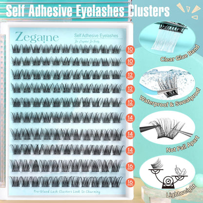 Self Adhesive Lash Clusters Natural Self Adhesive Eyelashes Glueless Lashes Cat Eye Pre Glued Lashes Reusable Wispy Cluster Lashes No Glue Needed Fluffy Self Adhesive Lashes 10-16MM by Zegaine