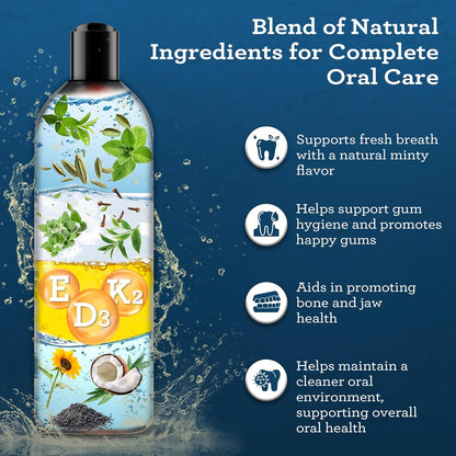 Gurunanda Advanced Oil Pulling with Tongue Scraper, Natural Alcohol Free Mouthwash with Coconut Oil, Vitamins D &amp; E for Teeth &amp; Gum Health (3X8 Fl Oz)