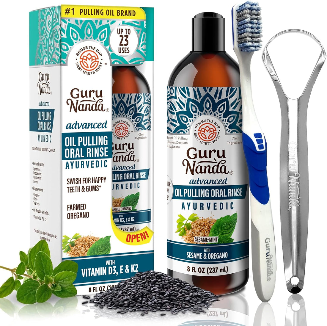 Gurunanda Advanced Oil Pulling Mouthwash for Enhanced Oral Care with Sesame &amp; Oregano Oil, Promotes Deep Cleaning for Healthy Teeth &amp; Gums, Alcohol-Free, 8 Oz