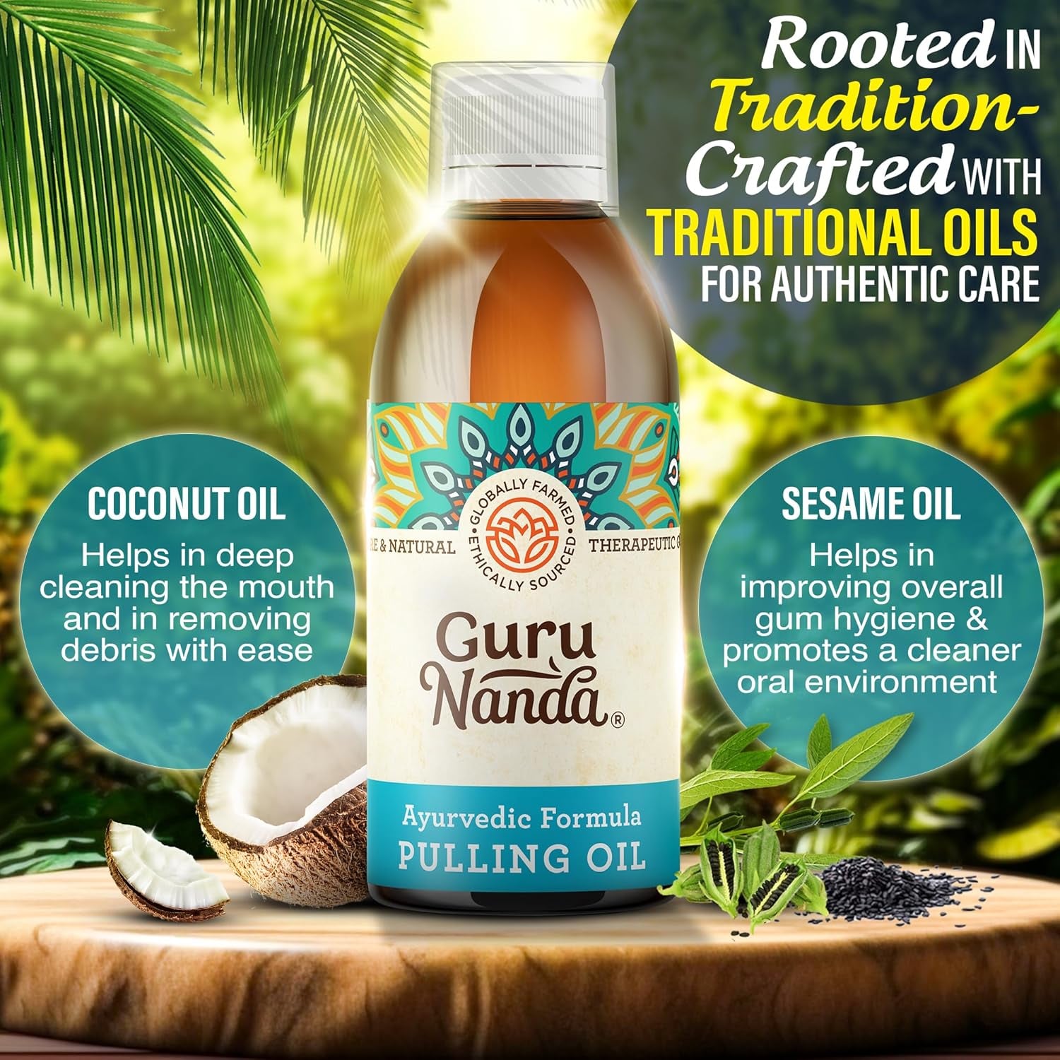 Gurunanda Original Oil Pulling Mouthwash, Promotes Deep Cleaning, with Coconut &amp; Sesame for Teeth &amp; Gum Health &amp; Fresh Breath, Alcohol-Free, 8.45 Fl Oz