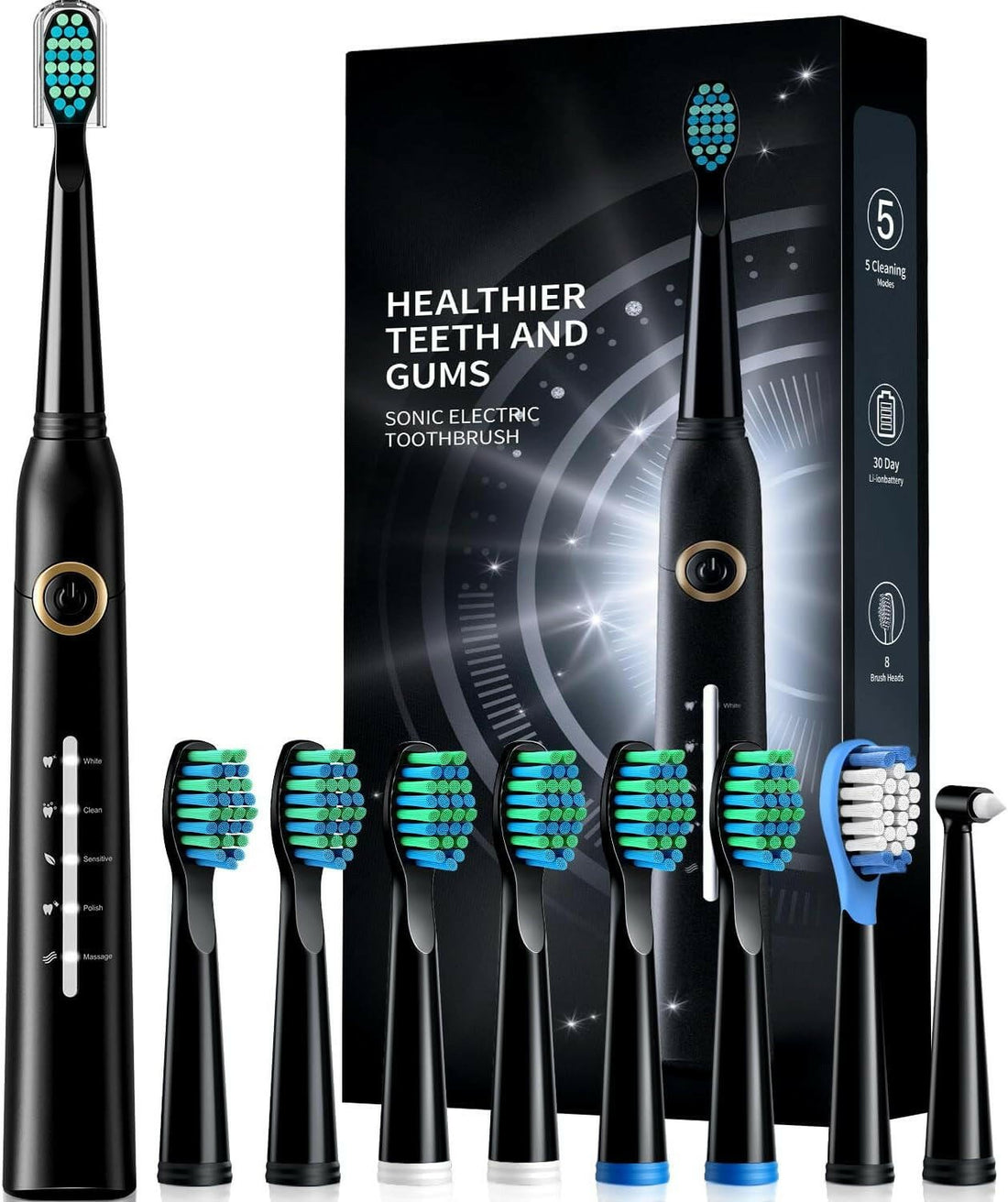 Electric Toothbrush for Adults with 8 𝐁𝐫𝐮𝐬𝐡 𝐇𝐞𝐚𝐝𝐬, Sonic Electric Toothbrush with 40000 VPM Deep Clean 5 Modes, Rechargeable Toothbrushes Fast Charge 4 Hours Last 30 Days - Glow Pure