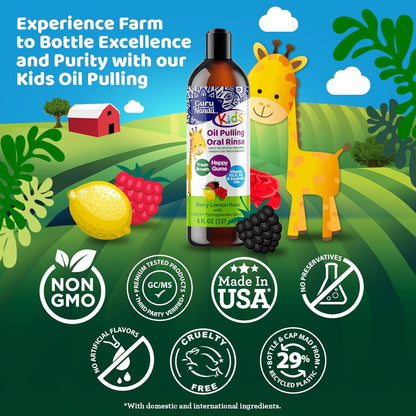 Gurunanda Kids Oil Pulling, Alcohol-Free Mouthwash, Essential Oils &amp; Vitamins for Fresh Breath &amp; Happy Gums for Ages 6 &amp; Up, Natural Berry Lemon Rose, 8 Oz