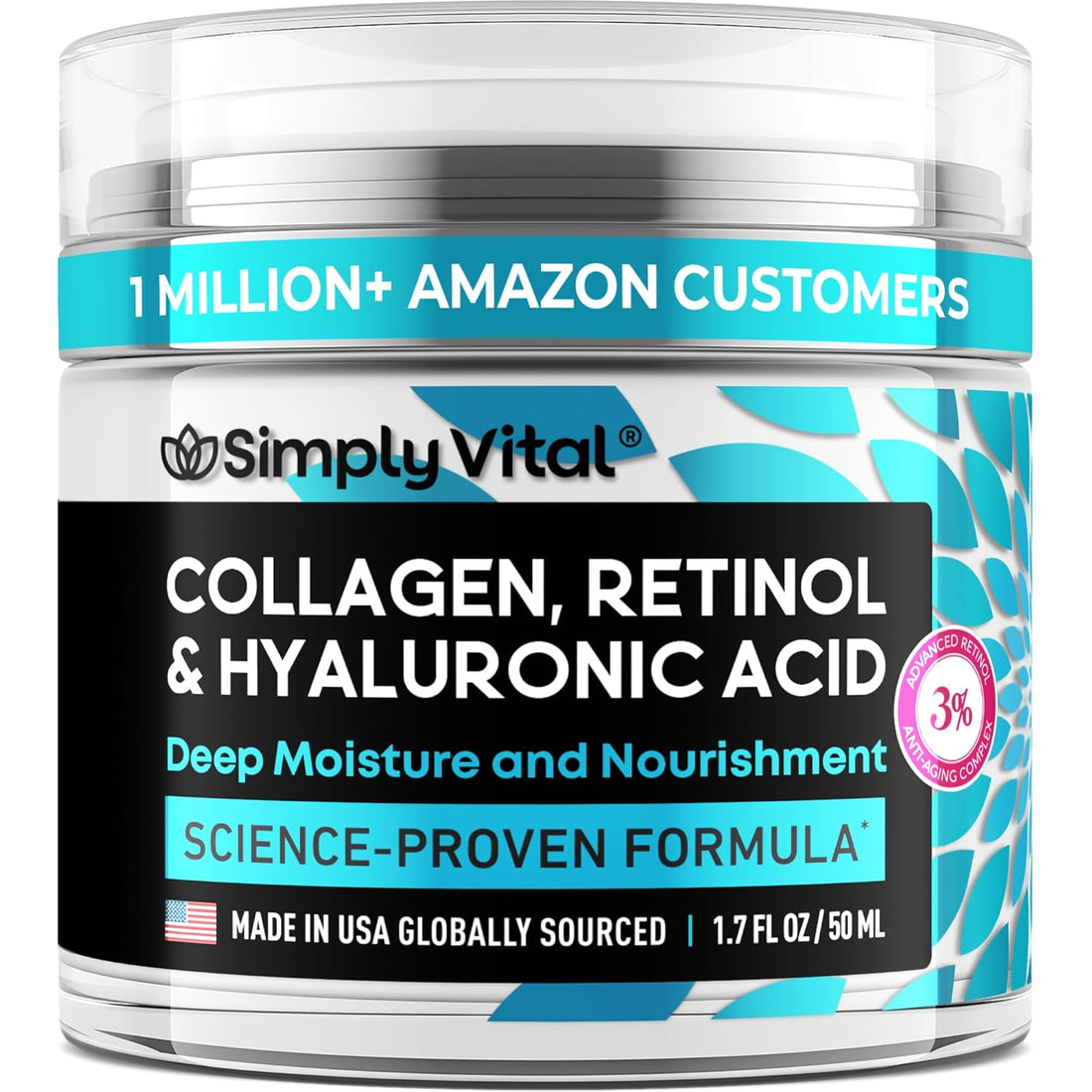 Simplyvital Collagen, Retinol &amp; Hyaluronic Acid Cream - Anti-Aging Face Moisturizer for Face, Neck &amp; Décolleté - Made in USA, Daily Moisturizer Face Cream - 1.7 Fl.Oz.