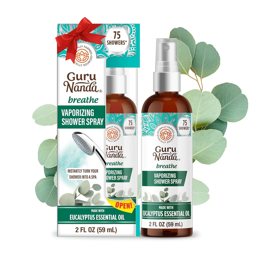 Gurunanda Breathe Vaporizing Shower Spray, Natural Spa Mist &amp; Room Spray with Eucalyptus &amp; Basil for Congestion Aid &amp; Support Mental Clarity, 2 Fl Oz