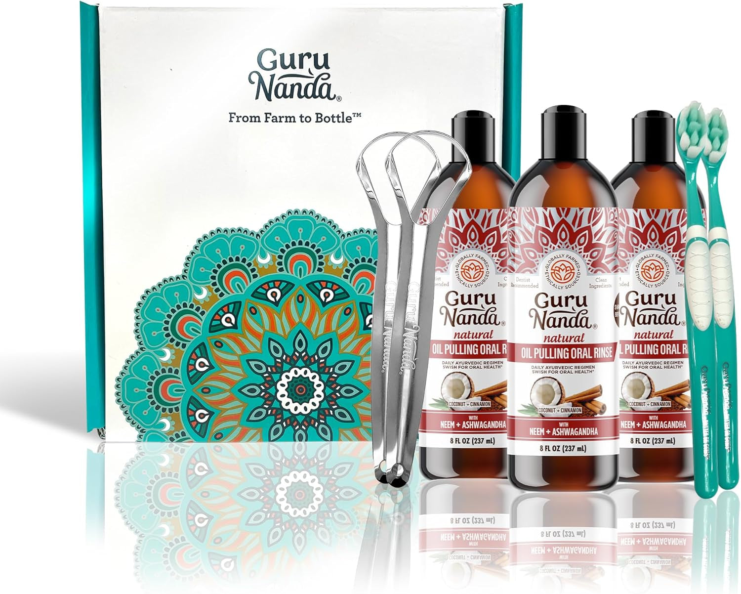 Gurunanda Ashwagandha Oil Pulling with Neem, &amp; Pure Essential Oils - Ayurveda-Inspired Formula for Daily Oral Care - Alcohol &amp; Fluoride Free, 3X8 Fl Oz