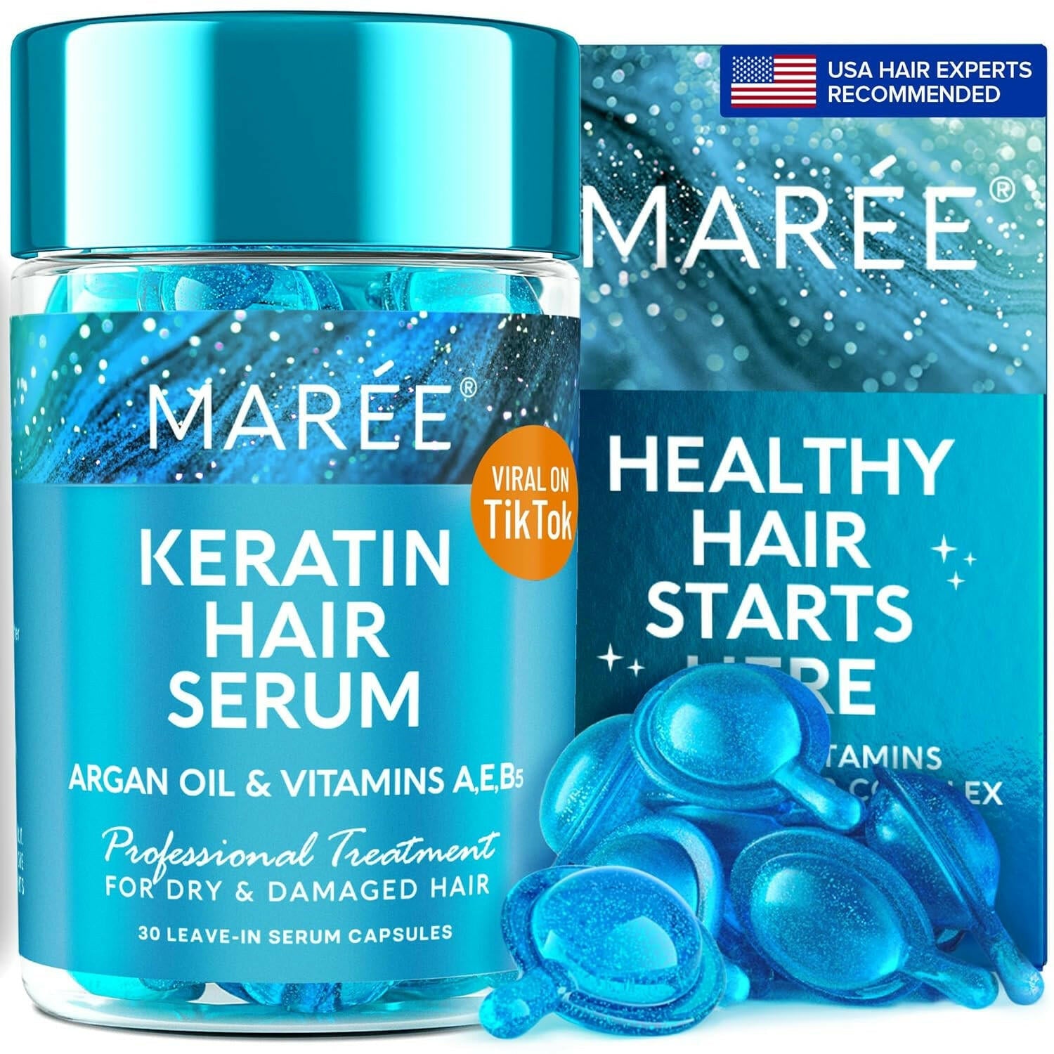 Frizz - Free Hair Styling Serum: Keratin Moisturizing Oil Capsules with Avocado, Jojoba &amp; Argan Oil - Leave - In Anti - Frizz Conditioner - 30 Capsules - Glow Pure