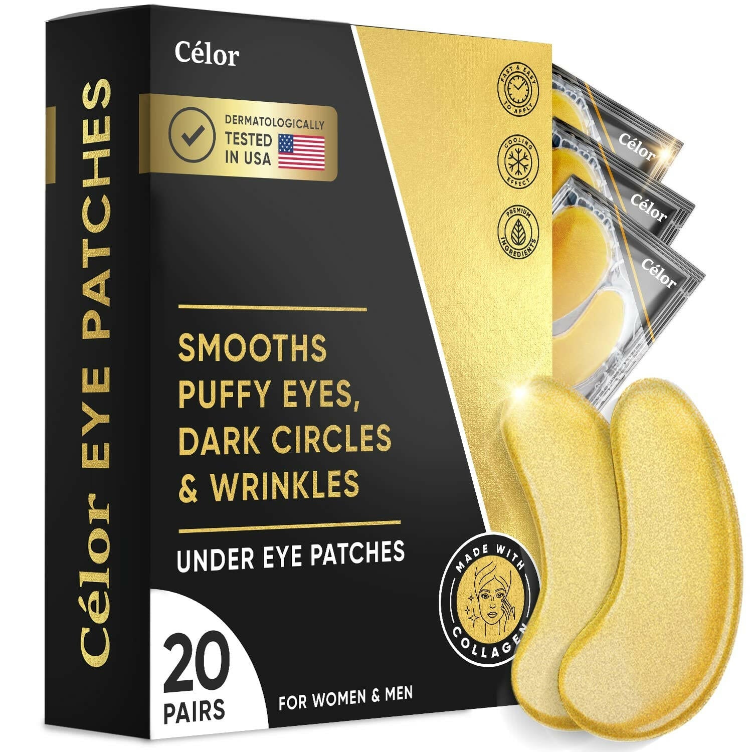 Golden Under Eye Patches: Collagen and Amino Acid Infused Eye Mask for Brighter Eyes, Wrinkle Reduction, and Dark Circle Removal - 20 Pairs - Glow Pure