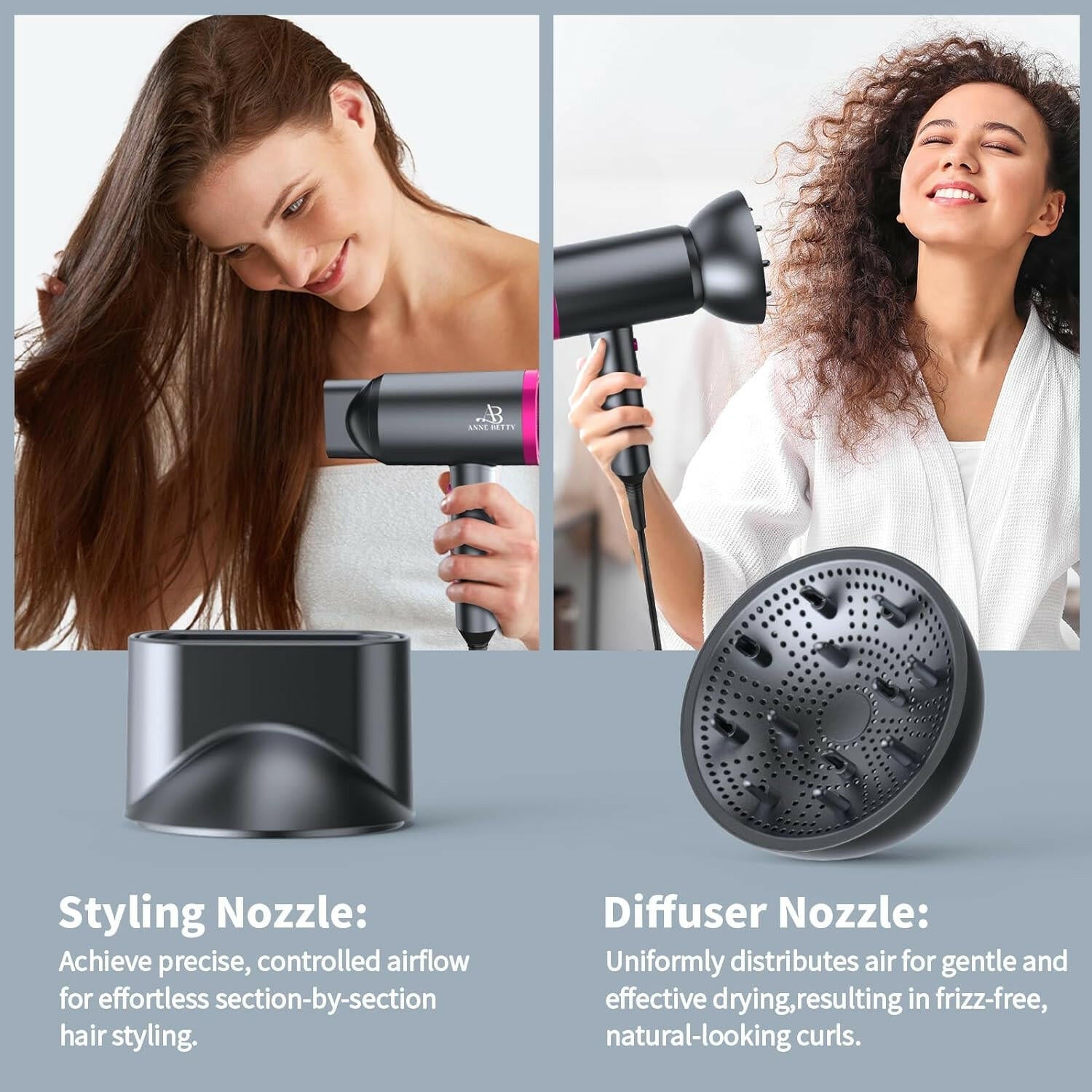 Hair Dryer with Diffuser, Portable Blow Dryer for Curly Hair for Women/Men, 1800 Watt Ionic Hairdryer, Blow Dryer with Nozzle for Fast Drying as Salon, Lightweight - Glow Pure