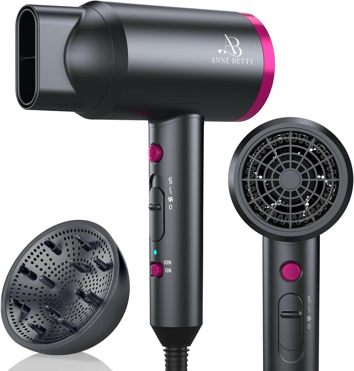 Hair Dryer with Diffuser, Portable Blow Dryer for Curly Hair for Women/Men, 1800 Watt Ionic Hairdryer, Blow Dryer with Nozzle for Fast Drying as Salon, Lightweight - Glow Pure