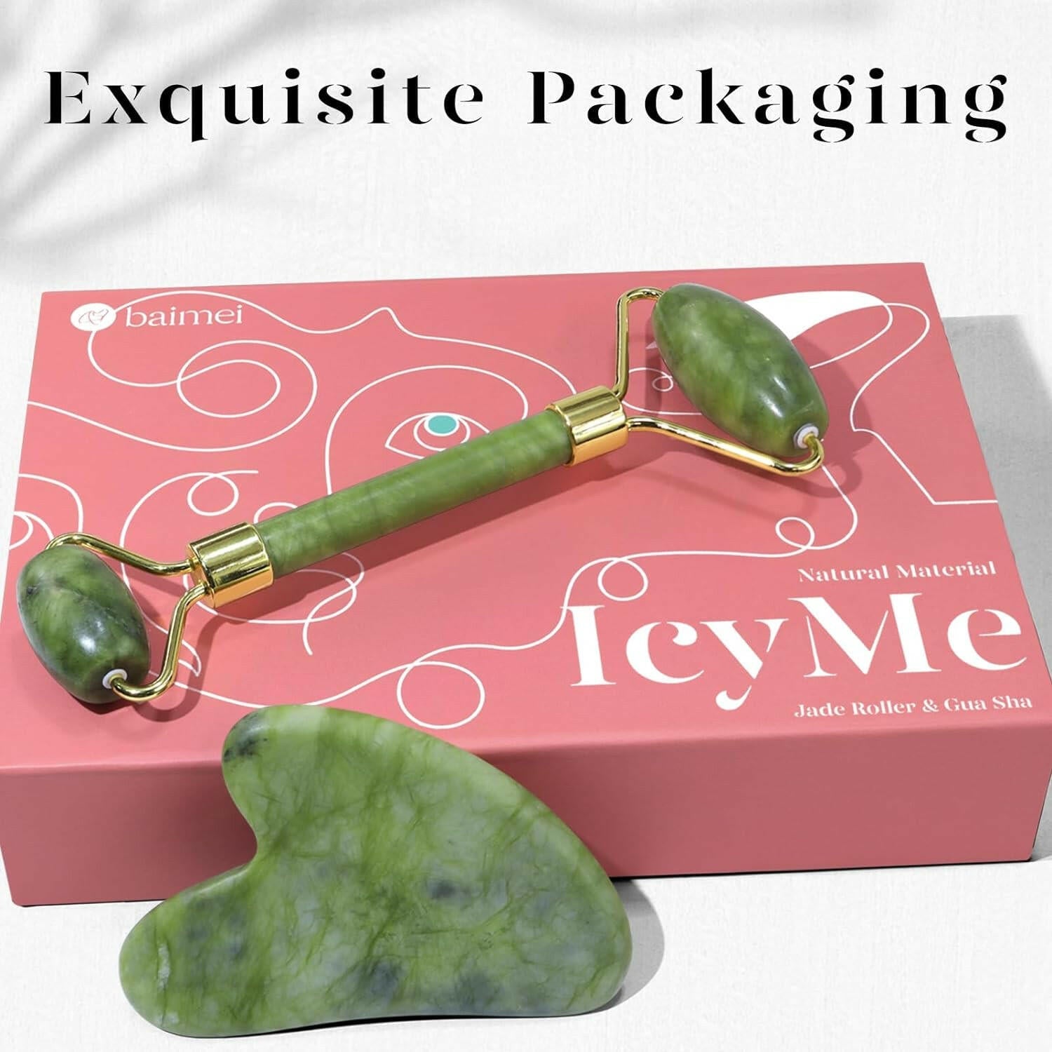 Icyme Gua Sha &amp; Jade Roller Set: Facial Tools for Reducing Puffiness and Redness - Self - Care Gift (Green) - Glow Pure