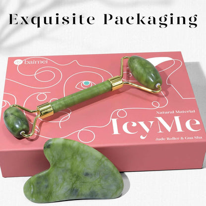 Icyme Gua Sha &amp; Jade Roller Set: Facial Tools for Reducing Puffiness and Redness - Self - Care Gift (Green) - Glow Pure