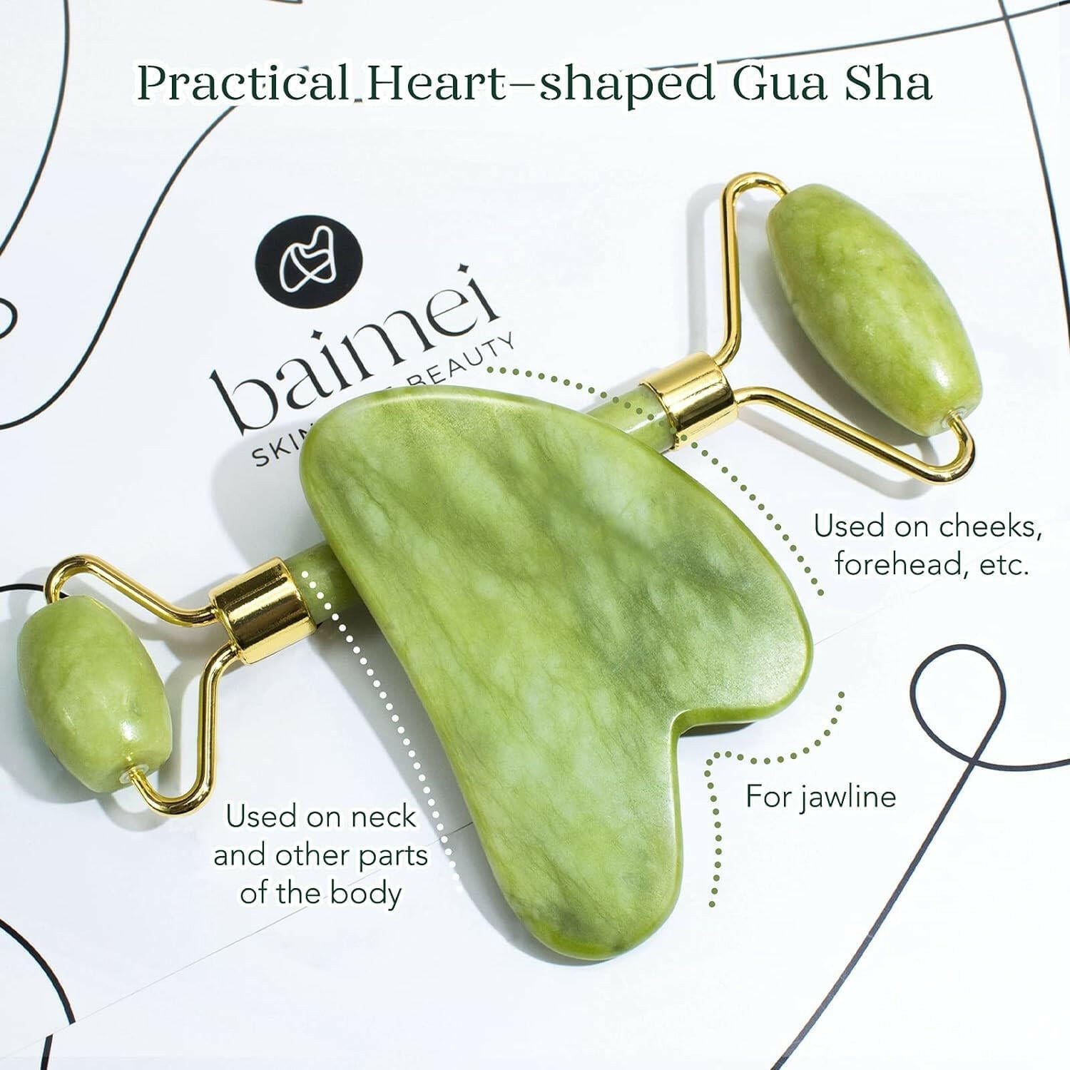 Icyme Gua Sha &amp; Jade Roller Set: Facial Tools for Reducing Puffiness and Redness - Self - Care Gift (Green) - Glow Pure