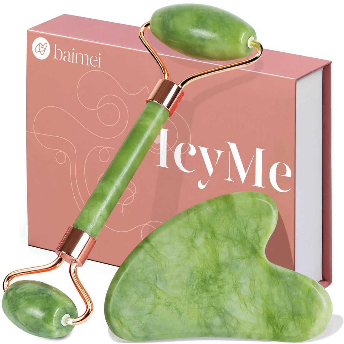 Icyme Gua Sha &amp; Jade Roller Set: Facial Tools for Reducing Puffiness and Redness - Self - Care Gift (Green) - Glow Pure