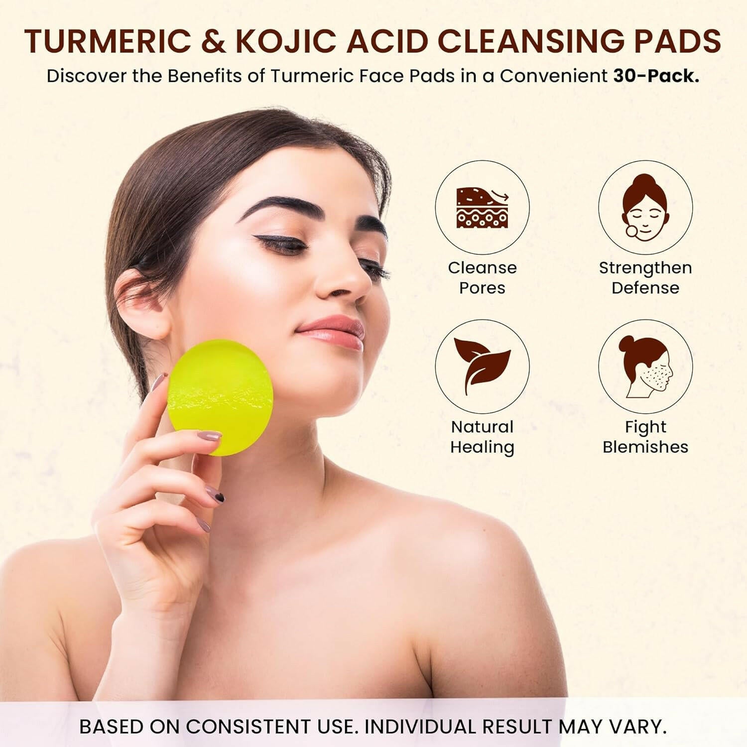 Kojic Acid &amp; Turmeric Cleansing Pads - Exfoliating, Brightening, Acne Scars, Unclog Pores - Turmeric Cleansing Pads for Dark Spots - Infused with Shea Butter, Glycerin, Panthenol - 30 Count - Glow Pure