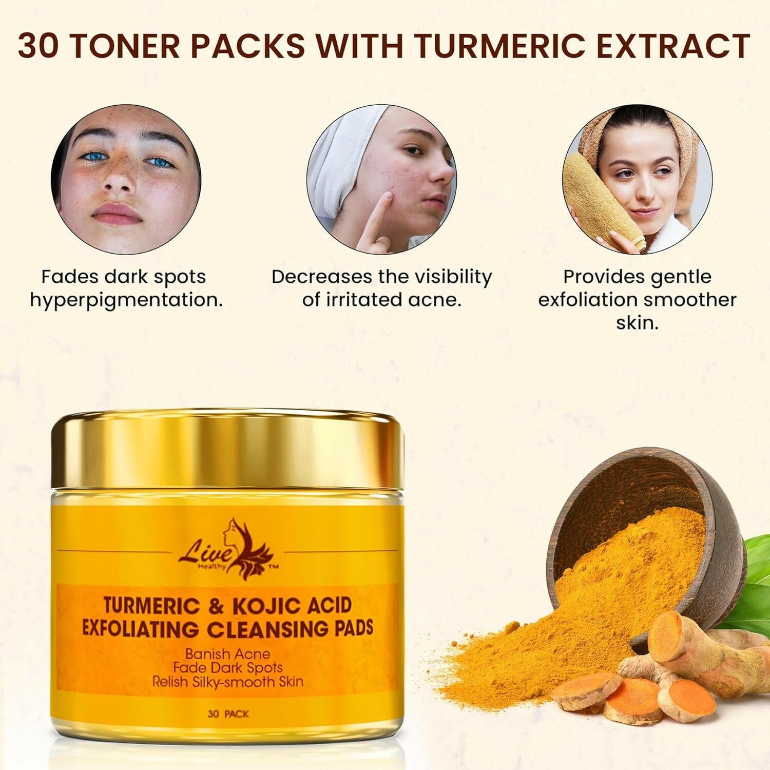 Kojic Acid &amp; Turmeric Cleansing Pads - Exfoliating, Brightening, Acne Scars, Unclog Pores - Turmeric Cleansing Pads for Dark Spots - Infused with Shea Butter, Glycerin, Panthenol - 30 Count - Glow Pure