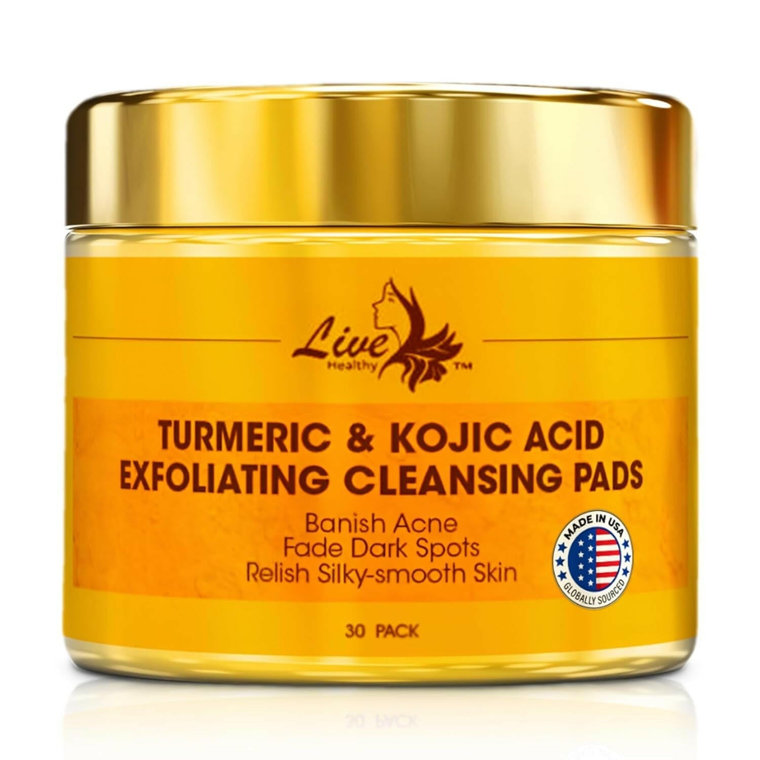 Kojic Acid &amp; Turmeric Cleansing Pads - Exfoliating, Brightening, Acne Scars, Unclog Pores - Turmeric Cleansing Pads for Dark Spots - Infused with Shea Butter, Glycerin, Panthenol - 30 Count - Glow Pure