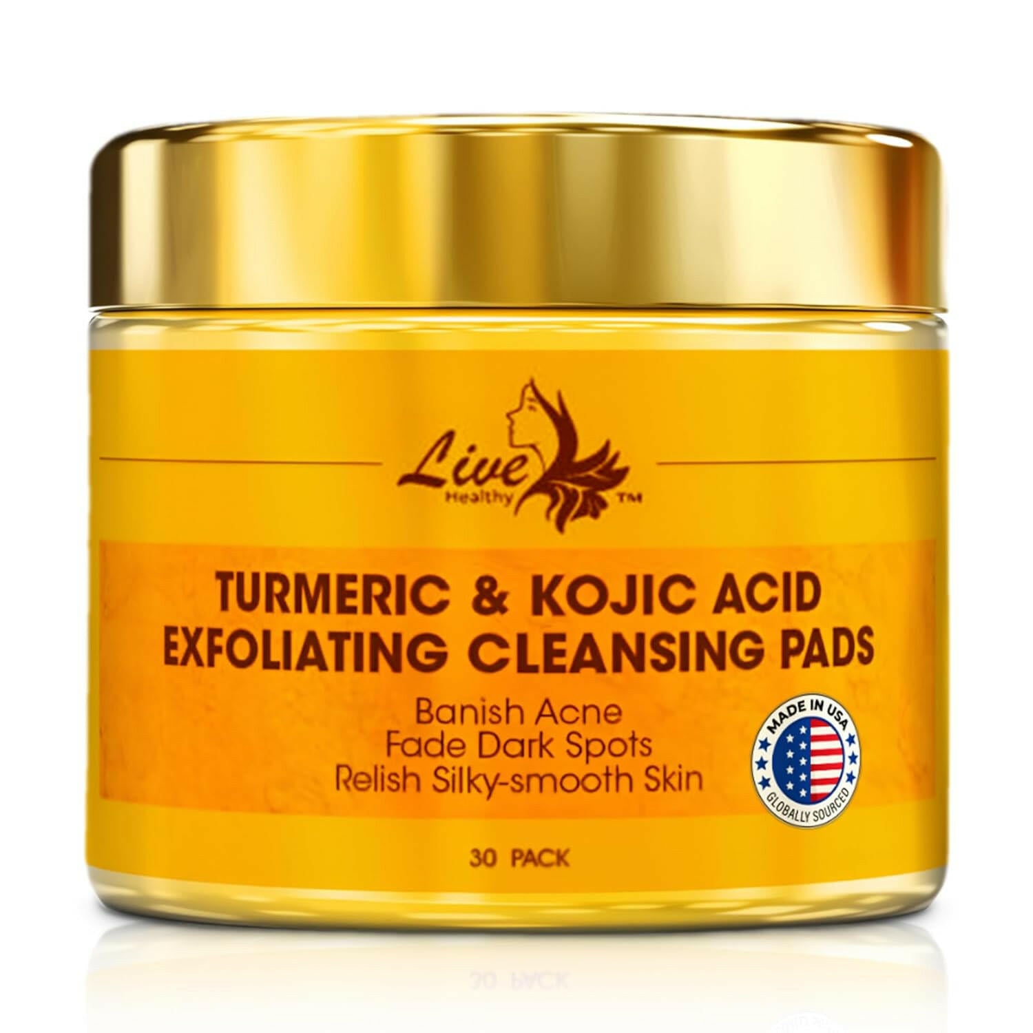 Kojic Acid &amp; Turmeric Cleansing Pads - Exfoliating, Brightening, Acne Scars, Unclog Pores - Turmeric Cleansing Pads for Dark Spots - Infused with Shea Butter, Glycerin, Panthenol - 30 Count - Glow Pure