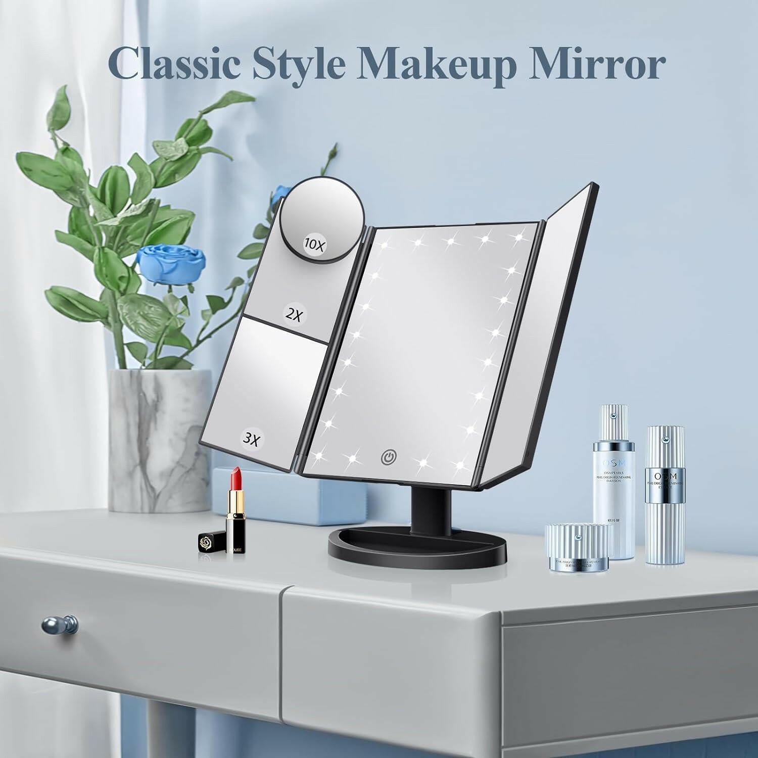 Makeup Mirror Vanity with Lights, 2X 3X 10X Magnification, Lighted Mirror, Touch Control, Trifold Dual Power Supply, Portable LED Women Gift (Black) - Glow Pure