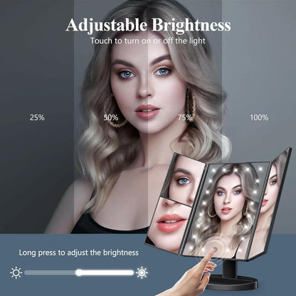 Makeup Mirror Vanity with Lights, 2X 3X 10X Magnification, Lighted Mirror, Touch Control, Trifold Dual Power Supply, Portable LED Women Gift (Black) - Glow Pure