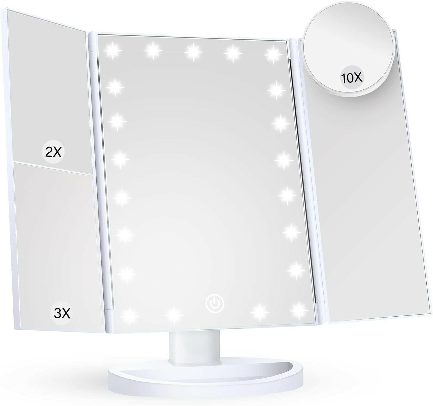 Makeup Mirror Vanity with Lights, 2X 3X 10X Magnification, Lighted Mirror, Touch Control, Trifold Dual Power Supply, Portable LED Women Gift (Black) - Glow Pure