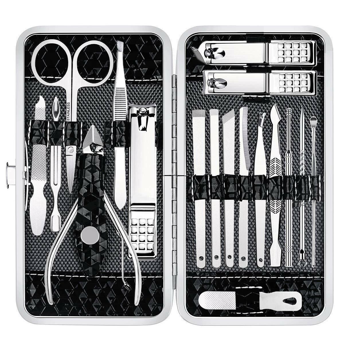 Manicure Set Nail Clippers Pedicure Kit - 18 Pieces Stainless Steel Manicure Kit, Professional Grooming Kits, Nail Care Tools with Luxurious Travel Case Black - Glow Pure