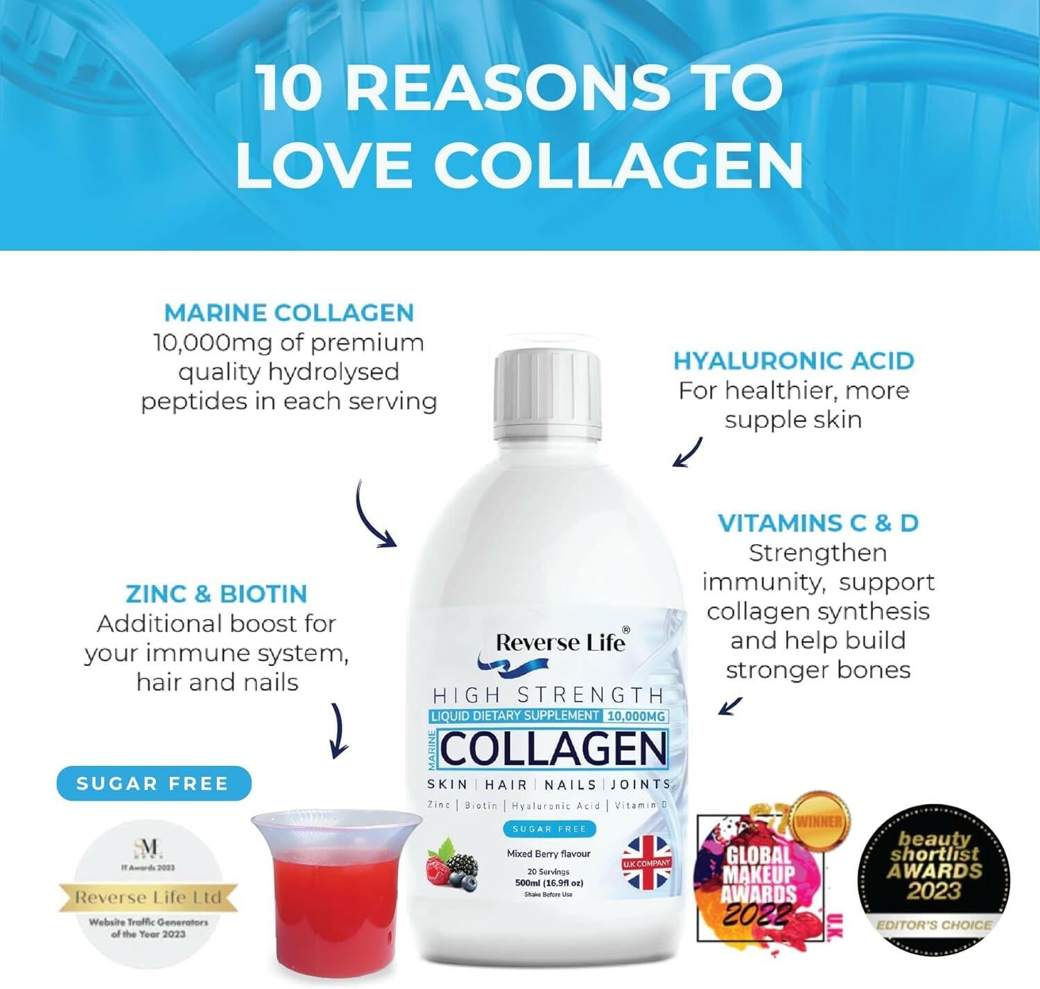  - Marine Collagen - Hydrolysed Peptide Supplement Drink Infused with Vitamin C, D, Hyaluronic Acid, and Biotin - High Strength Dietary Supplement 10000Mg - Glow Pure