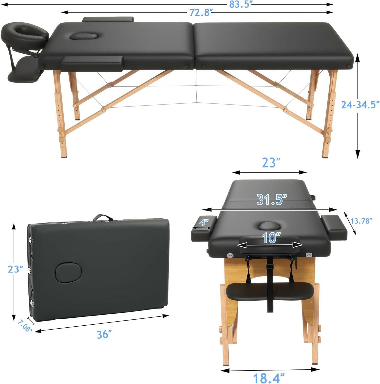 Massage Table Massage Bed, Portable 2 Section Foldable Tattoo Bed, Height Adjustable Spa Lash Bed with Face Cradle, Home Light Weight Facial Salon Bed with Wood Frame, Black - Glow Pure