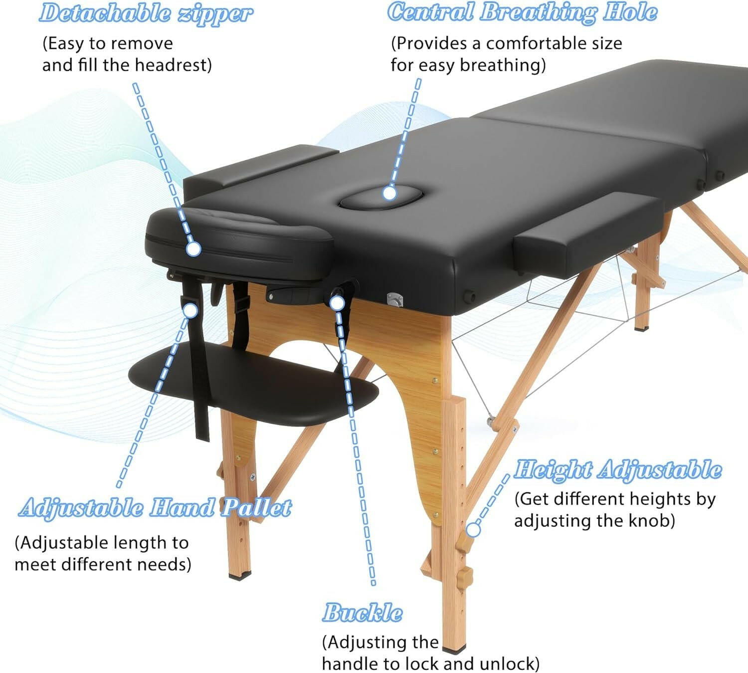 Massage Table Massage Bed, Portable 2 Section Foldable Tattoo Bed, Height Adjustable Spa Lash Bed with Face Cradle, Home Light Weight Facial Salon Bed with Wood Frame, Black - Glow Pure