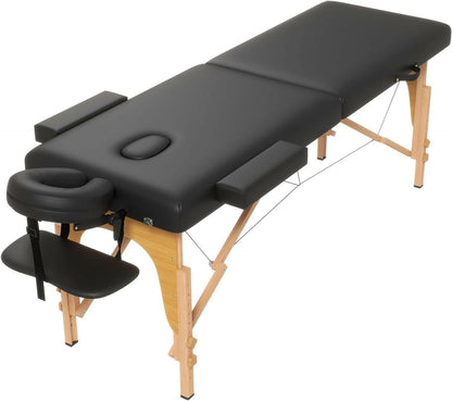 Massage Table Massage Bed, Portable 2 Section Foldable Tattoo Bed, Height Adjustable Spa Lash Bed with Face Cradle, Home Light Weight Facial Salon Bed with Wood Frame, Black - Glow Pure