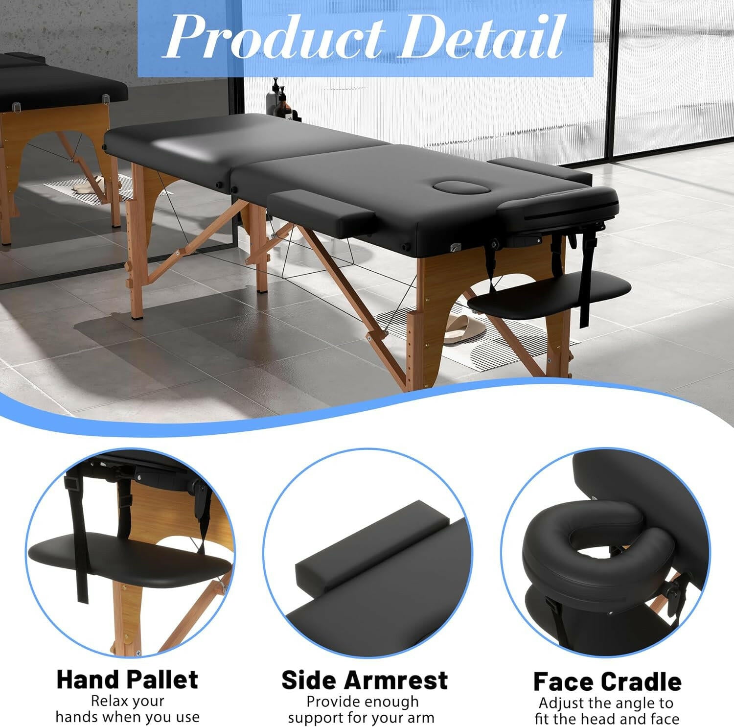 Massage Table Massage Bed, Portable 2 Section Foldable Tattoo Bed, Height Adjustable Spa Lash Bed with Face Cradle, Home Light Weight Facial Salon Bed with Wood Frame, Black - Glow Pure