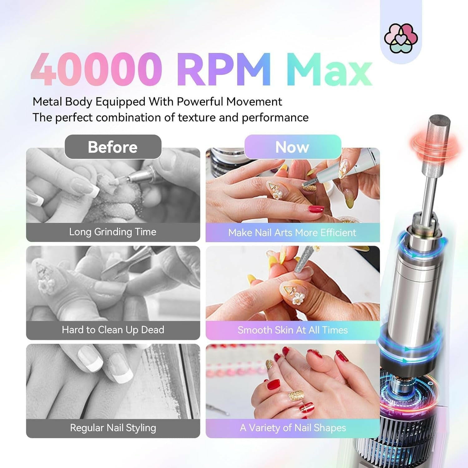 Nail Drill for Acrylic Nails Professional: 40000RPM Nail Drill 6000Mahm High Capacity Rechargeable Electric Nail File 13 Drill Bits for Nails Manicure Pedicure E File Sky Realm - Glow Pure