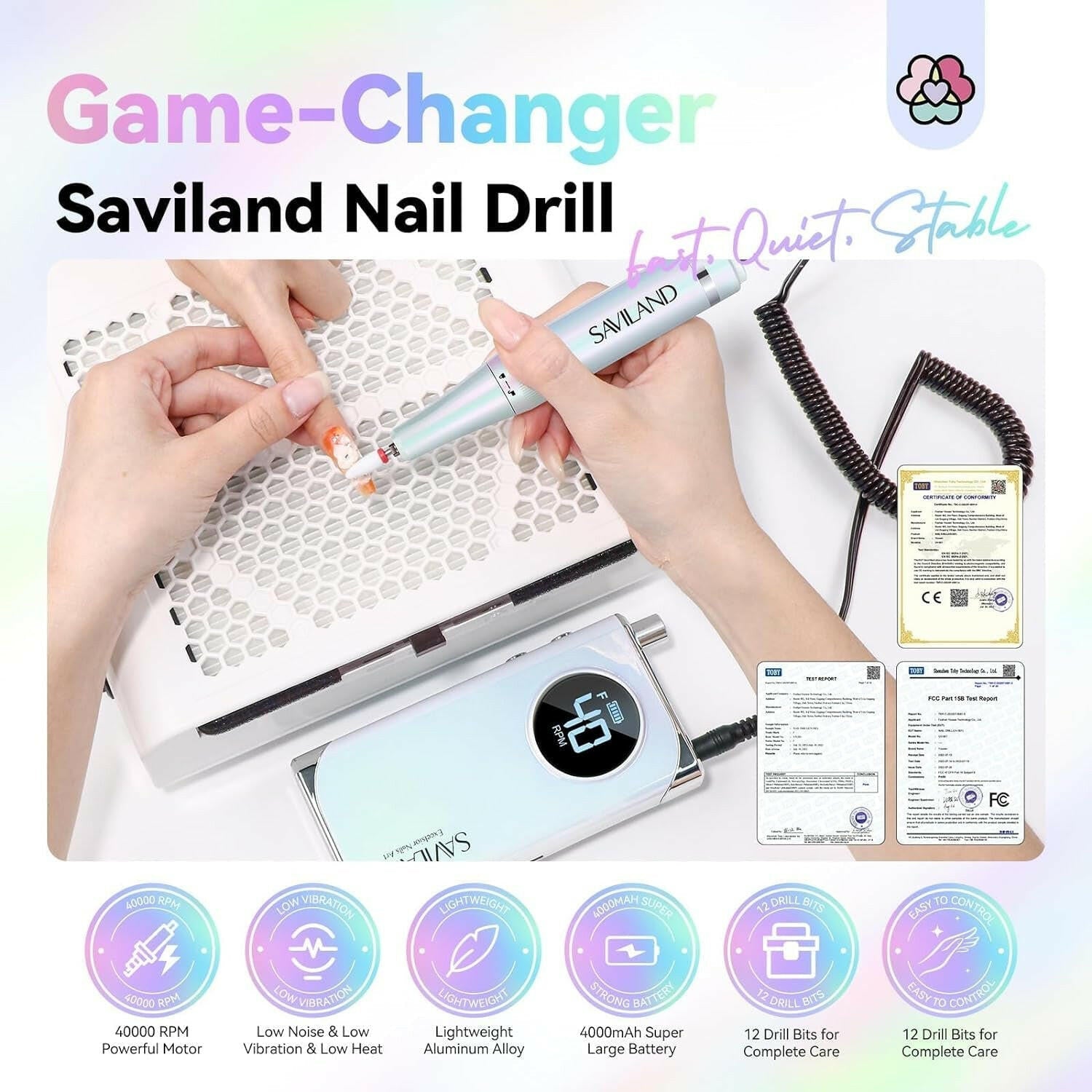 Nail Drill for Acrylic Nails Professional: 40000RPM Nail Drill 6000Mahm High Capacity Rechargeable Electric Nail File 13 Drill Bits for Nails Manicure Pedicure E File Sky Realm - Glow Pure