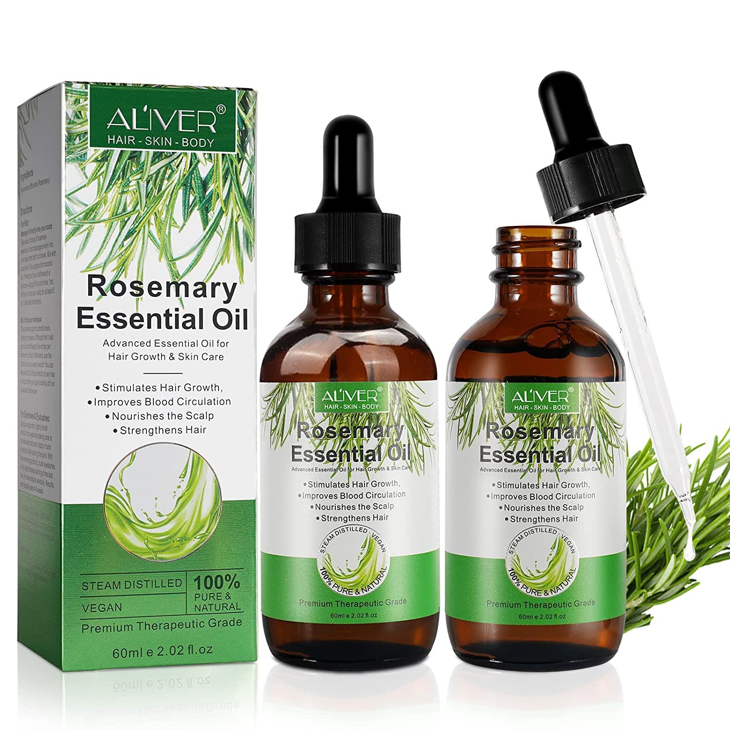 Organic Rosemary Oil for Hair Growth (2Pack), Natural Rosemary Essential Oils 2.02Fl Oz, Used for Scalp Massager, Skin Care, Aromatherapy - HealthFulBeautyLife