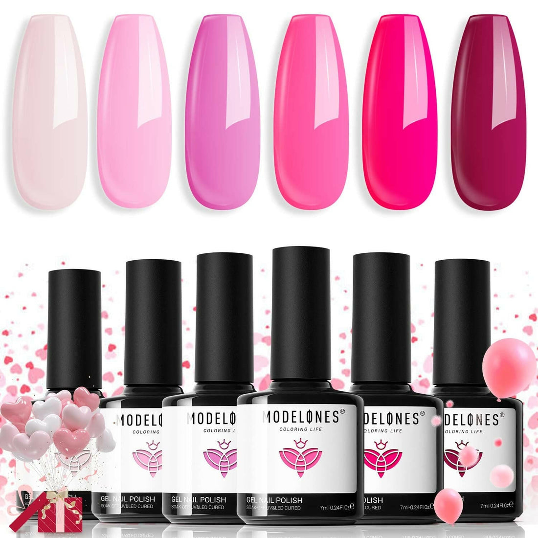 Pink Gel Nail Polish Set 6 Colors, Hot Pink Tones Neon Pink Shades Magenta Light Soft to Dark Nail Art Design for Women Girl Nail Lovers Gift Salon DIY Summer Gel Manicure Kit - Glow Pure