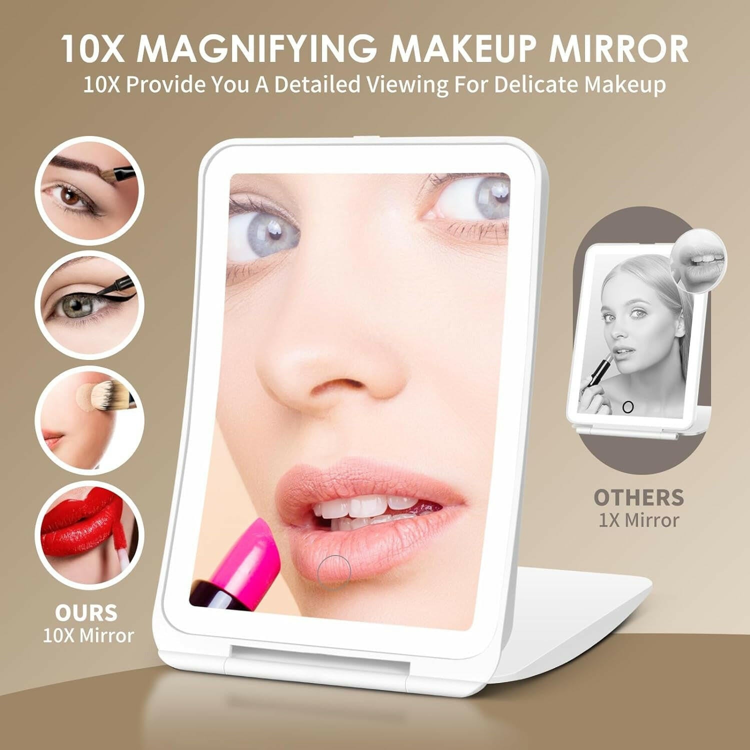 Portable 10X Makeup Mirror: Rechargeable with 80 LEDs - Glow Pure