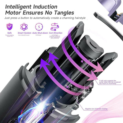 Portable Cordless Automatic Curling Iron: Ceramic Hair Curler with LCD Display, USB Rechargeable Wand for Fast Hair Styling in Violet - Glow Pure