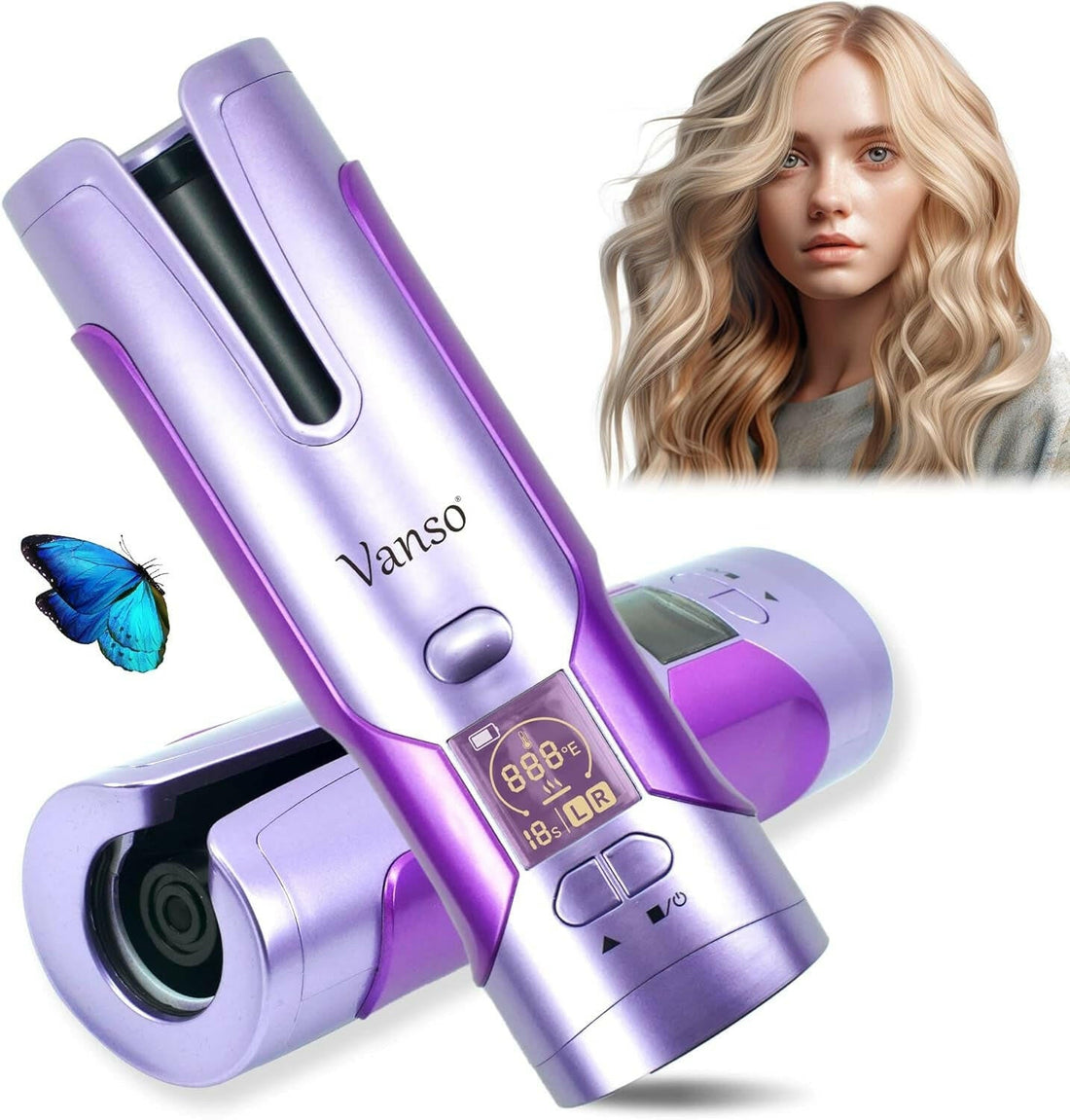 Portable Cordless Automatic Curling Iron: Ceramic Hair Curler with LCD Display, USB Rechargeable Wand for Fast Hair Styling in Violet - Glow Pure