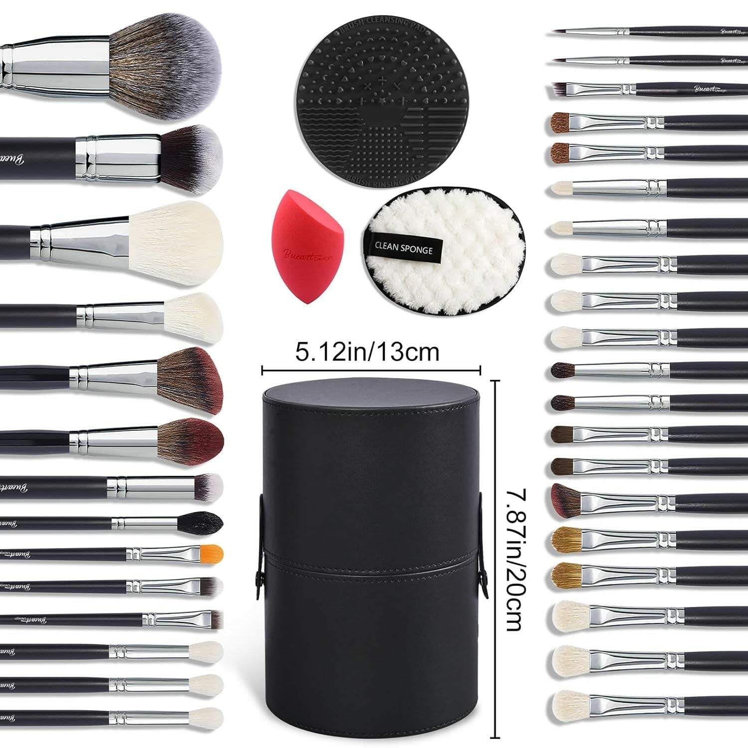 Pro Makeup Artist Brushes Set 34Pcs Goat Hair Horse Hair Makeup Brush Set with Extra Large Holder (34Pcs Matte Black+Large Holder) - Glow Pure