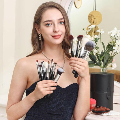 Pro Makeup Artist Brushes Set 34Pcs Goat Hair Horse Hair Makeup Brush Set with Extra Large Holder (34Pcs Matte Black+Large Holder) - Glow Pure