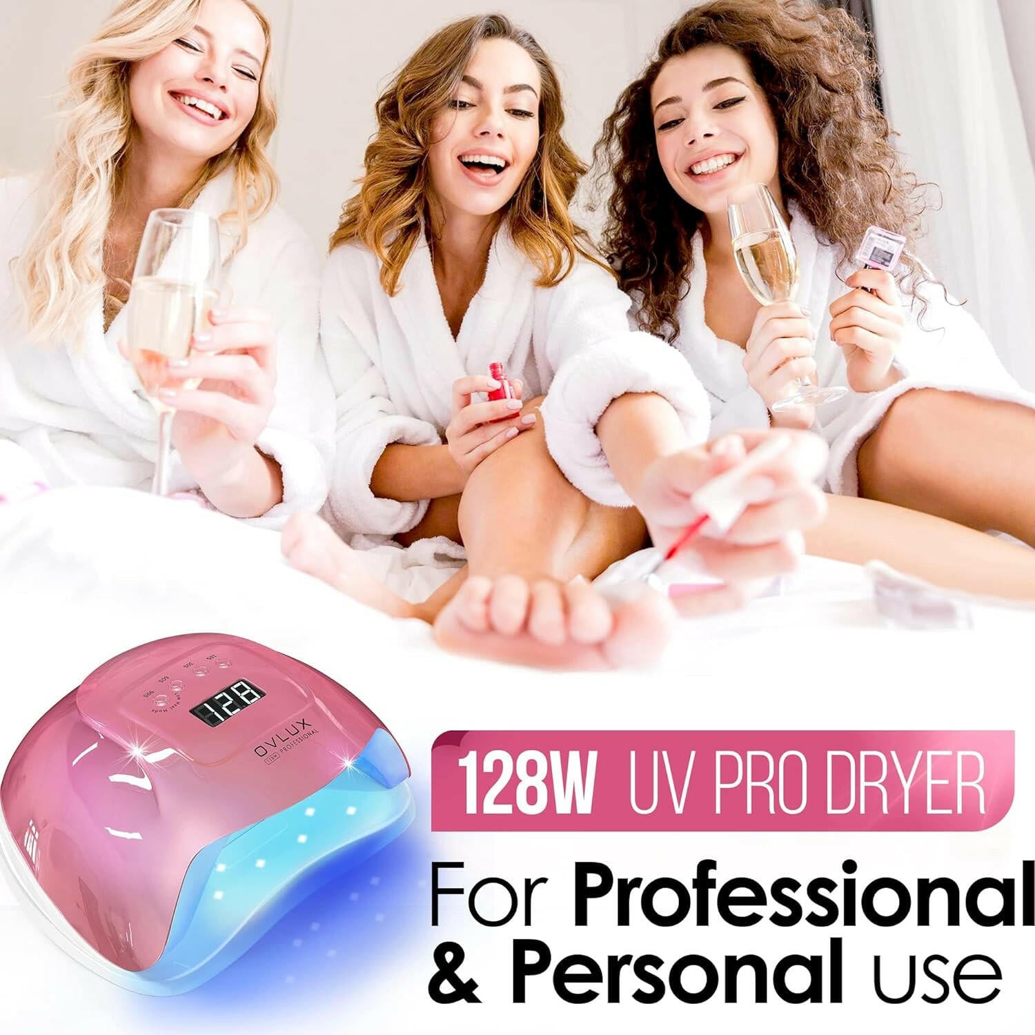 Professional 128W UV LED Nail Lamp: Salon - Quality Gel Polish Nail Dryer with Automatic Sensor in Pretty Pink - Glow Pure