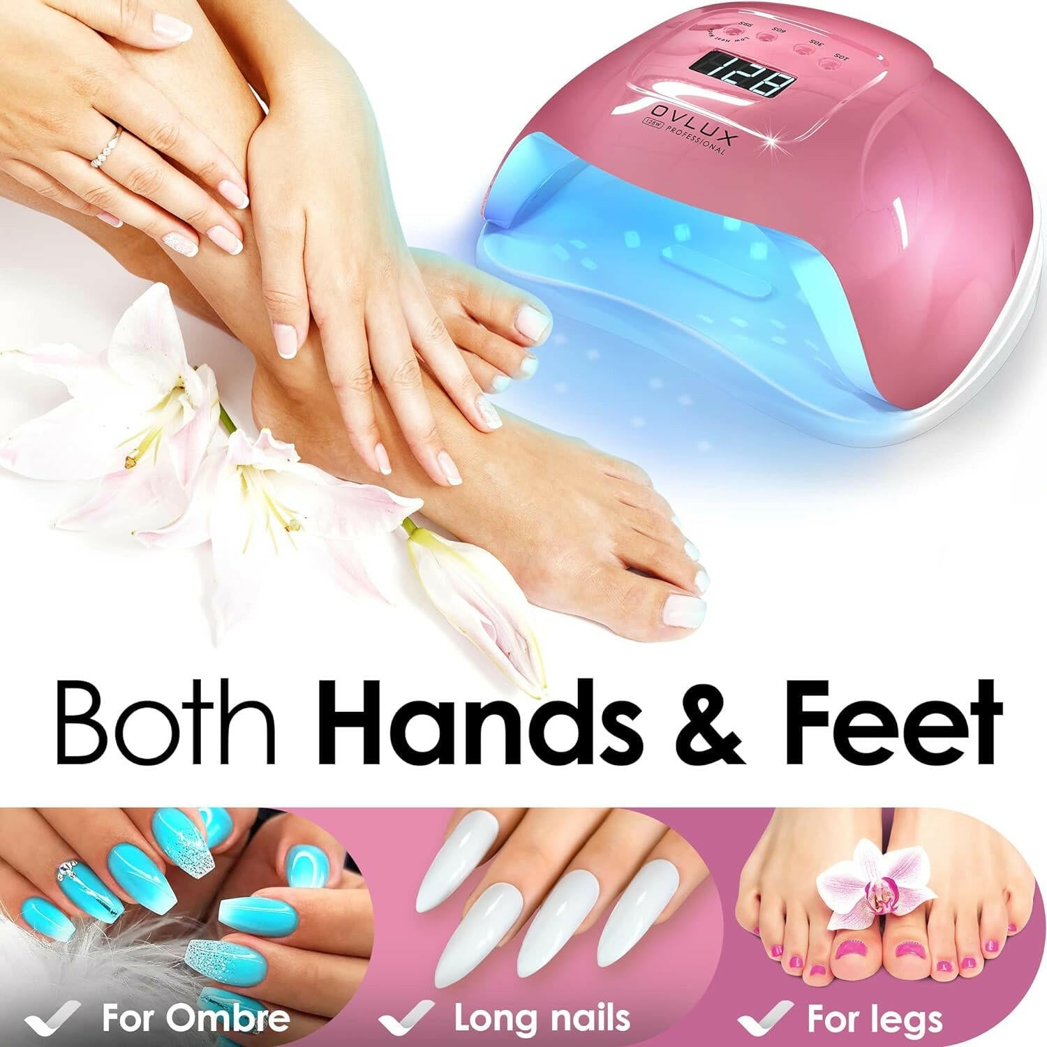 Professional 128W UV LED Nail Lamp: Salon - Quality Gel Polish Nail Dryer with Automatic Sensor in Pretty Pink - Glow Pure