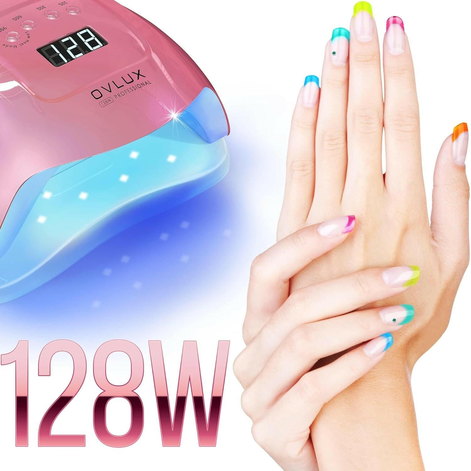 Professional 128W UV LED Nail Lamp: Salon - Quality Gel Polish Nail Dryer with Automatic Sensor in Pretty Pink - Glow Pure