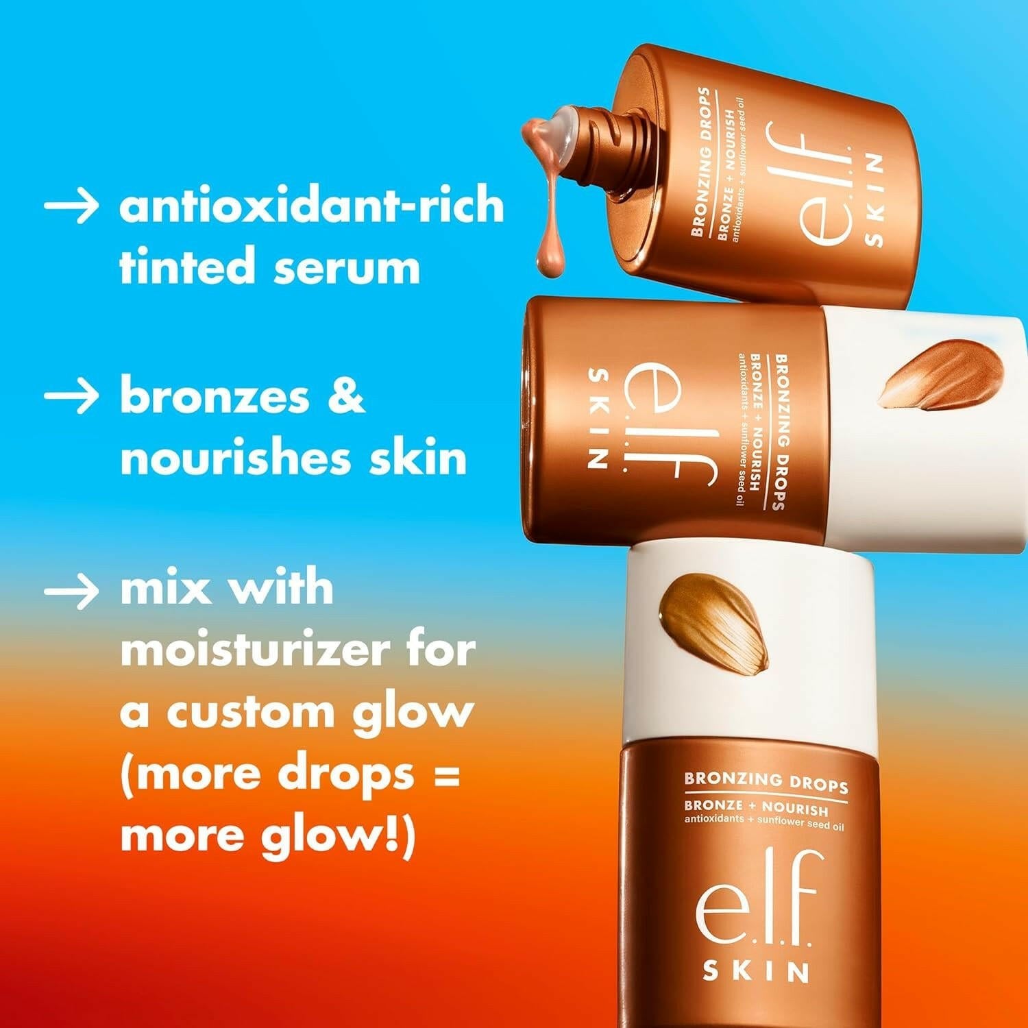 SKIN Bronzing Drops, Liquid Bronzer for Face &amp; Skin, Creates a Sun - Kissed Glow, Infused with Vitamin E, Vegan &amp; Cruelty - Free, Pure Gold - Glow Pure