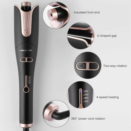 &quot;Spin Iron Automatic Hair Curling Wand: 1&quot; Large Barrel, 4 Temp Settings, Dual Voltage - Anti - Scald, Auto Shut - Off (Black)&quot; - Glow Pure