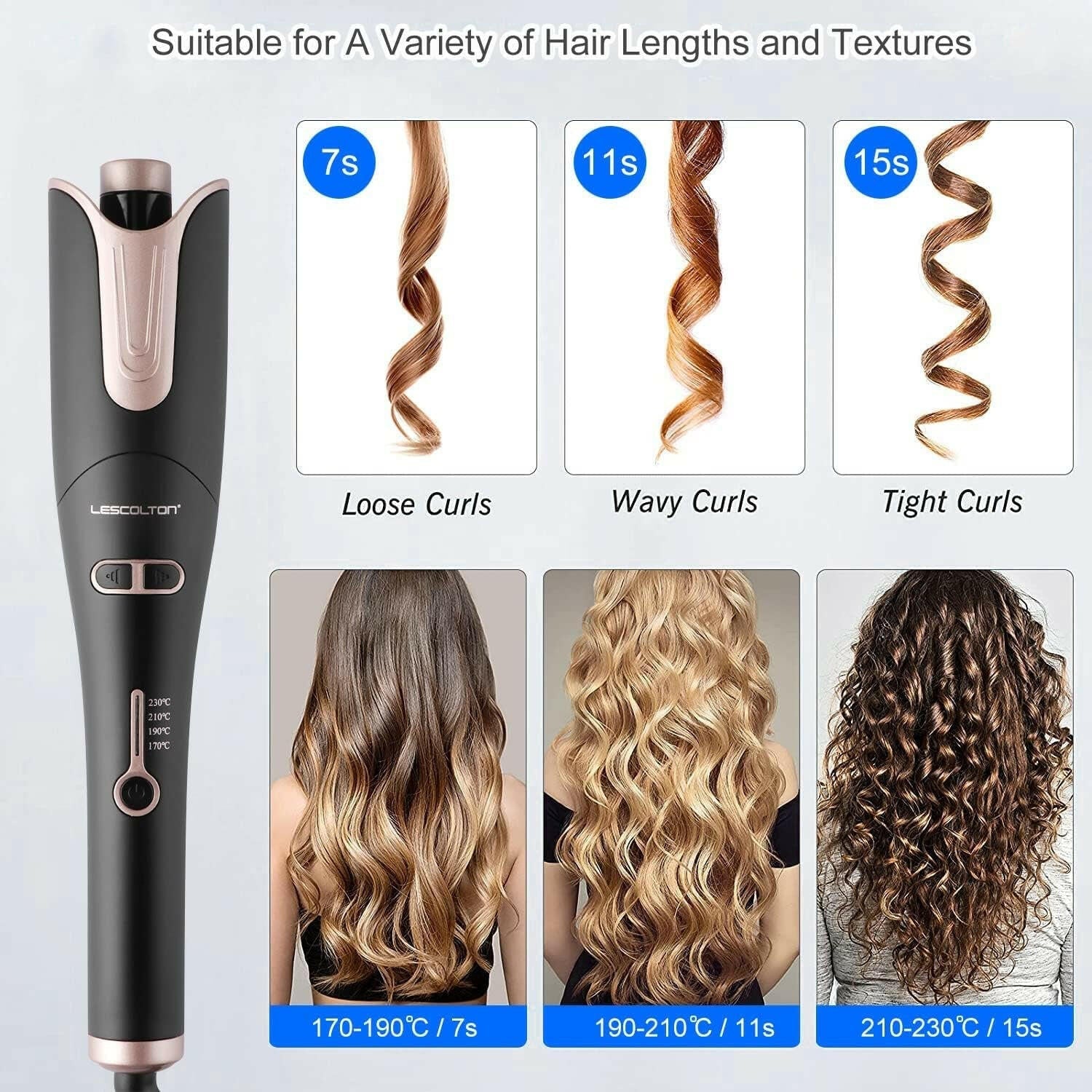 &quot;Spin Iron Automatic Hair Curling Wand: 1&quot; Large Barrel, 4 Temp Settings, Dual Voltage - Anti - Scald, Auto Shut - Off (Black)&quot; - Glow Pure