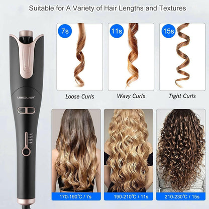 &quot;Spin Iron Automatic Hair Curling Wand: 1&quot; Large Barrel, 4 Temp Settings, Dual Voltage - Anti - Scald, Auto Shut - Off (Black)&quot; - Glow Pure